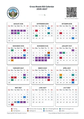 Printable Cross Roads ISD school calendar 2026-2027 by TexasSchools.us
